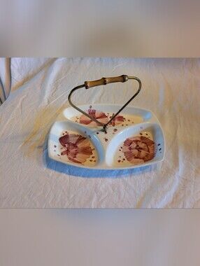 2/70$ Italy Vintage Cream Divided Server with Floral Motif and Bamboo Handle
